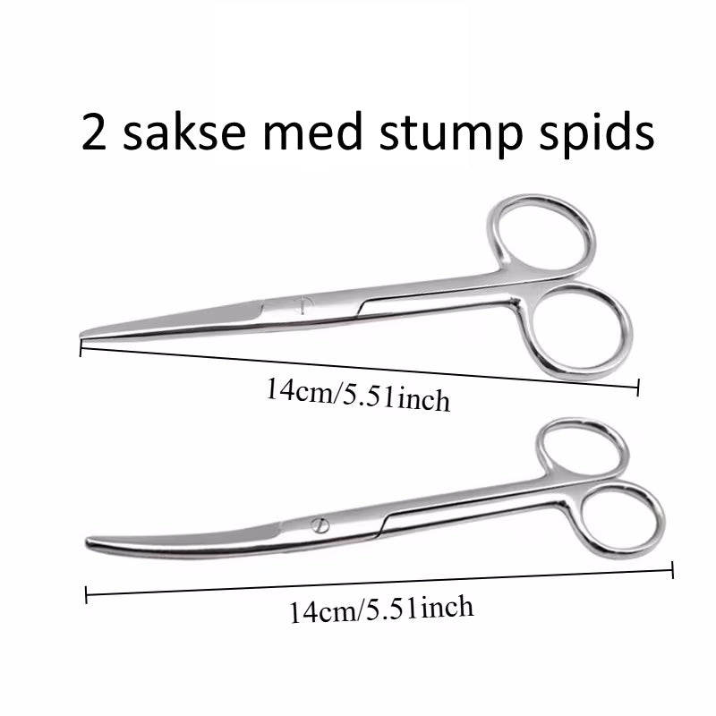 2 sakse med stump spids, lige + buet, 14 cm