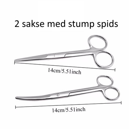 2 sakse med stump spids, lige + buet, 14 cm