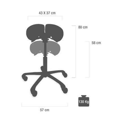Ergonomisk behandlerstol - Sadelstol med 2-delt sæde, sort