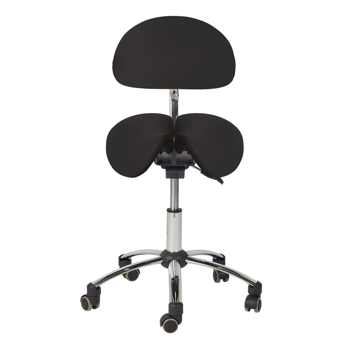 Ergonomisk behandlerstol - Sadelstol med 2-deltsæde og ryglæn, sort