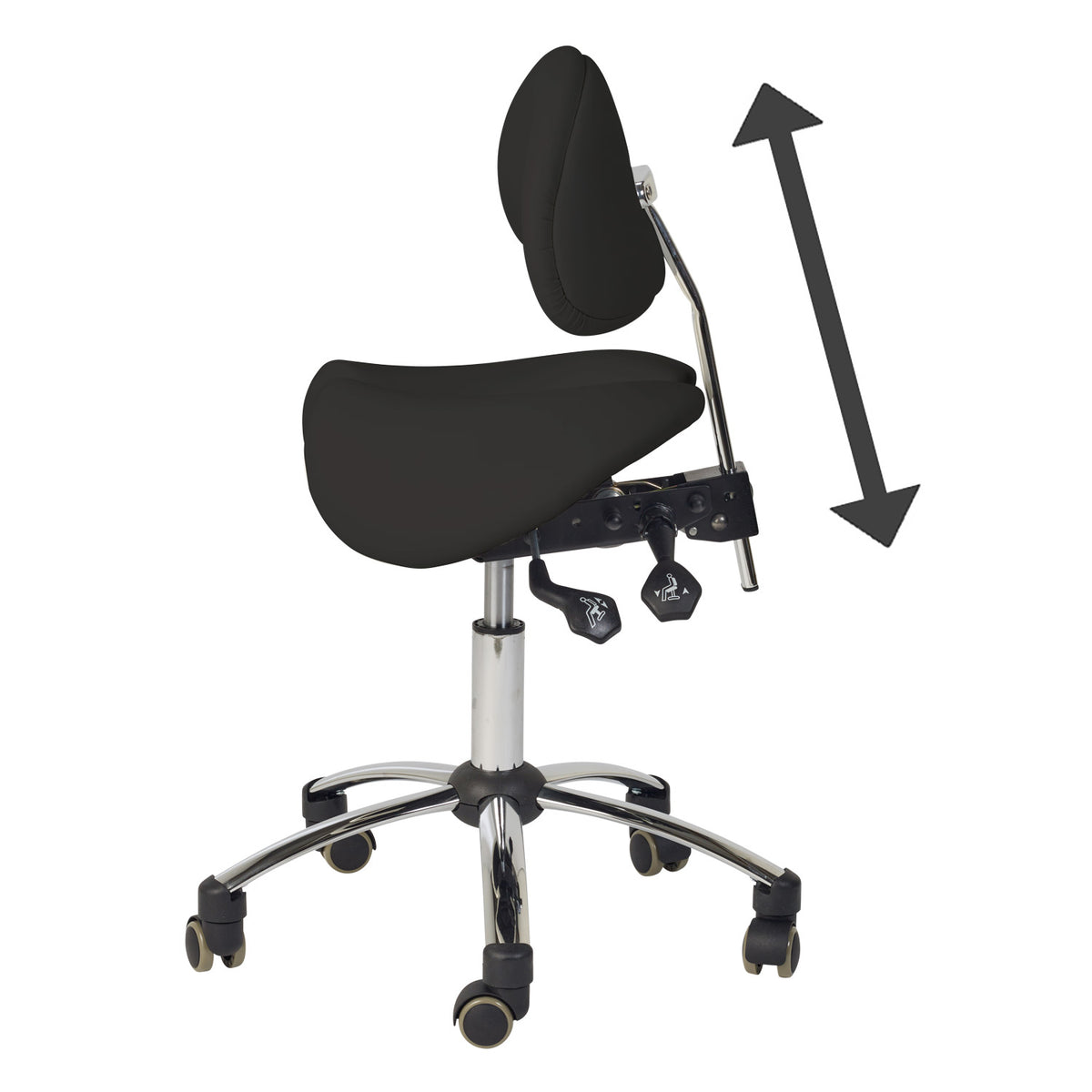Ergonomisk behandlerstol - Sadelstol med 2-deltsæde og ryglæn, sort