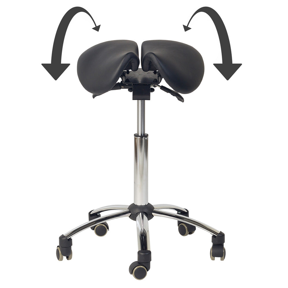 Ergonomisk behandlerstol - Sadelstol med 2-delt sæde, sort