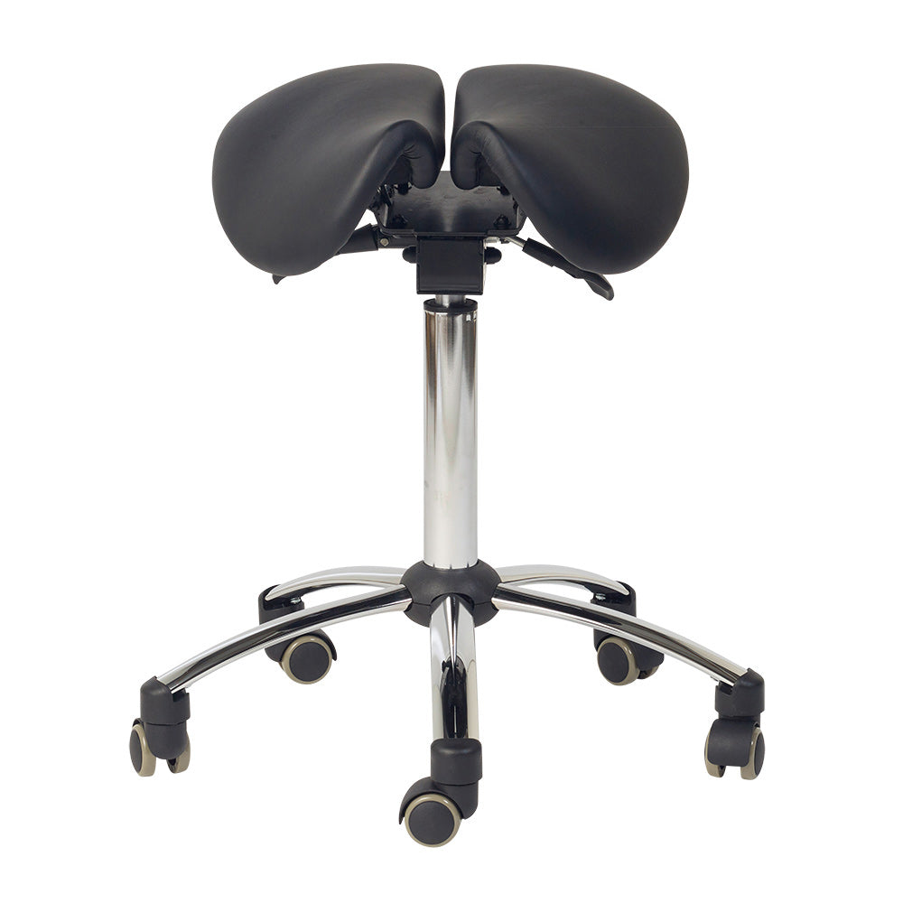 Ergonomisk behandlerstol - Sadelstol med 2-delt sæde, sort