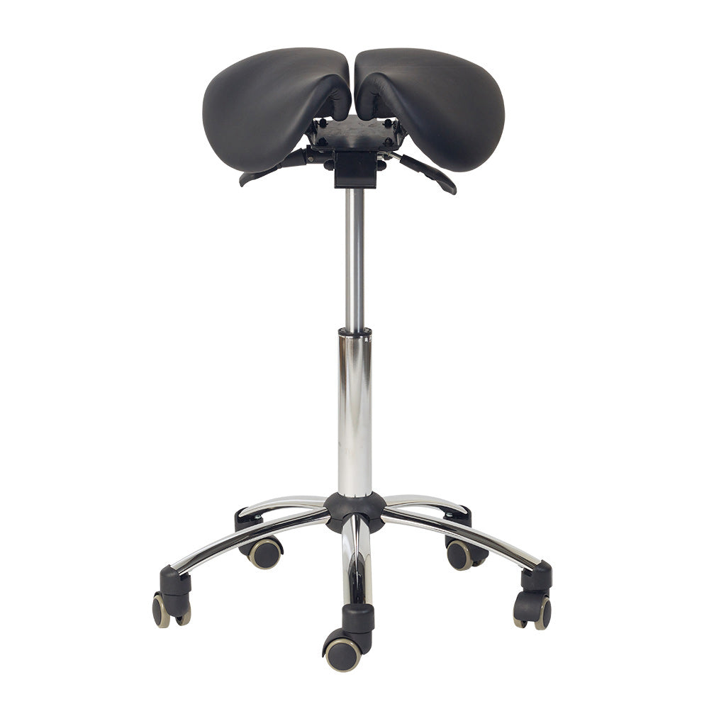 Ergonomisk behandlerstol - Sadelstol med 2-delt sæde, sort